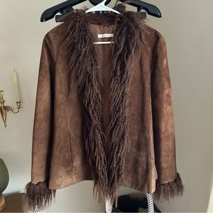 Vintage Brown Pig Suede Leather Jacket with Lamb Fur Trim